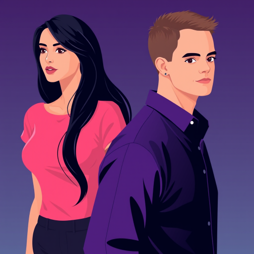 Create a highly detailed vector illustration of a woman with long black hair in a pink top and a man with short hair in a purple shirt, using a flat design style, in a minimalist composition, shot with a high-resolution digital camera at f/8 aperture, ISO 100, and a 24mm focal length for sharpness and clarity.