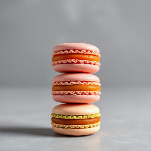 Generate a high-quality image of four macarons stacked vertically with flavors labeled as Strawberry, Raspberry, Caramel, and Pistachio, using a Canon EOS R camera with a 50mm lens, aperture set to f/2.8, ISO 100, natural soft lighting, focusing on a clean gray background for a minimalist look.