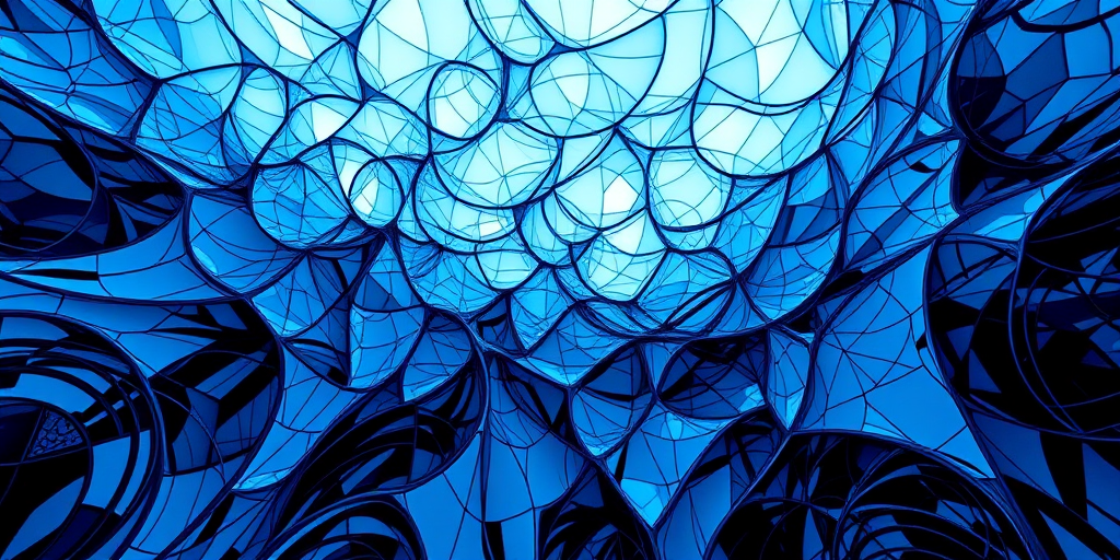 Regenerate the image with an ultra-wide angle view, f/8 aperture, ISO 100, 1/250 sec shutter speed, using a full-frame DSLR camera in landscape mode for enhanced detail and clarity, emphasizing the abstract patterns and vibrant blue tones.