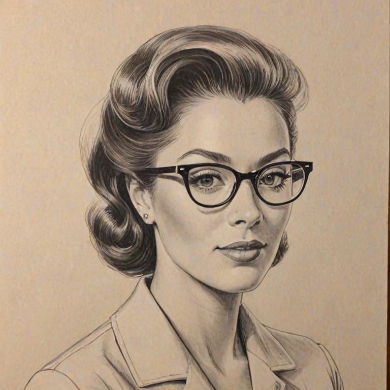 Splendid Trina McGee, pencil sketch, portrait of Splendid woman 1950s in glasses, hair style beatnik, outline, clear lines, fine lines, 8k