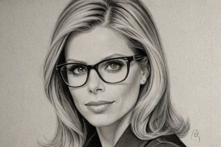 Resplendent Cheryl Hines, pencil sketch, portrait of Dazzling woman 1923s in glasses, hair style beatnik, outline, clear lines, fine lines, 8k