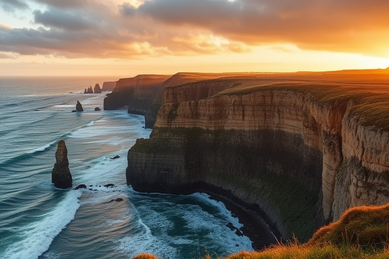 Capture a dramatic coastal landscape with towering cliffs and rolling waves, using a Canon EOS 5D Mark IV, f/8 aperture, 1/125 sec shutter speed, ISO 100, with a wide angle lens at 24mm, shot from a high vantage point during golden hour for enhanced lighting and vivid colors.