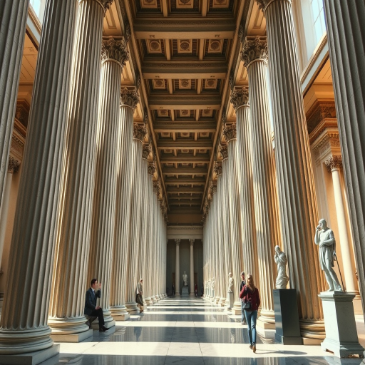create a high-resolution image of a grand classical gallery with tall columns and statues, using a wide-angle view, f/8 aperture, ISO 100, 1/125 sec shutter speed, capturing natural lighting to enhance details and depth