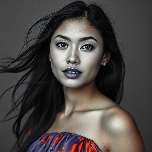 Photographic image of a beautiful young Mapuche woman, cyan eyes, lips with cyan lipstick, long hair fluttering in the wind and wearing a silk strapless dress with a soft purple and orange print. monochrome image with only color highlights in the iris of the eyes, lipstick and dress. Gray background.