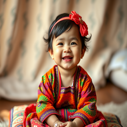 portrait of a joyful child wearing a colorful traditional outfit sitting on a cushion with a soft background, natural light, f/2.8 aperture, 50mm lens, shallow depth of field, DSLR camera, high-resolution image, warm tones