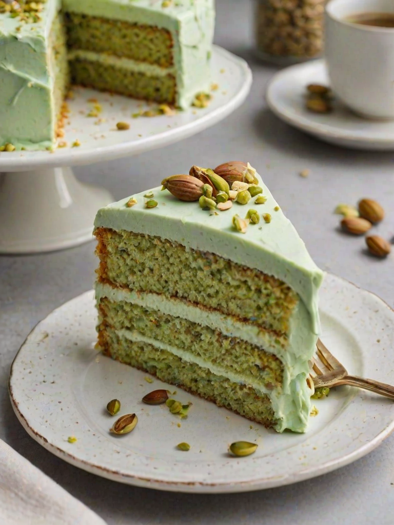 Create an image of a slice of cake with a light green frosting. The cake should have a fluffy texture and be garnished with chopped pistachios on the sides. The background should be a cozy kitchen setting with soft lighting, highlighting the cake's details.