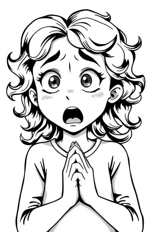 The image is a black and white illustration of a young girl with curly hair. She has a surprised expression on her face with her mouth open and her hands clasped together in front of her chest. Her eyes are wide and her eyebrows are furrowed. Her hair is styled in loose curls that are cascading down her back. The overall mood of the image is one of shock or surprise.