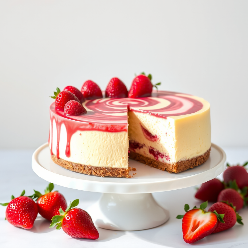 Create an image of a creamy cheesecake with a vibrant raspberry swirl on top garnished with fresh strawberries on a white cake stand with a slice removed revealing the layers inside. The setting should be bright and inviting, emphasizing the rich textures and colors of the cheesecake.