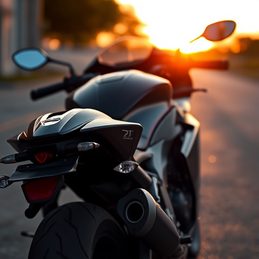 Regenerate the image of a sleek black motorcycle with a focus on the rear view, using a DSLR camera at f/2.8 aperture, ISO 100, 1/250 sec shutter speed, 50mm lens, in a soft sunset lighting environment to enhance shadows and highlights.