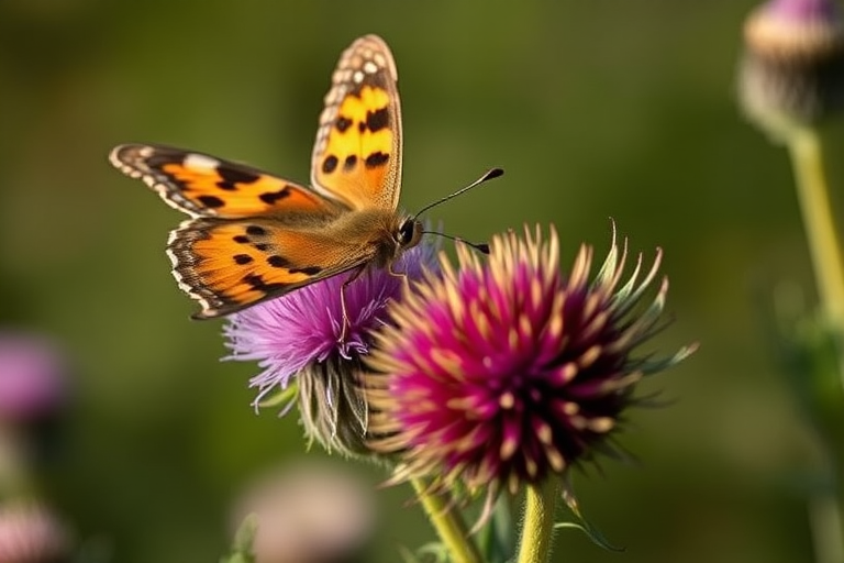 macro shot of a butterfly perched on a thistle flower, with a shallow depth of field, f/2.8, ISO 100, 50mm lens, natural light, taken from a low angle for a dramatic effect