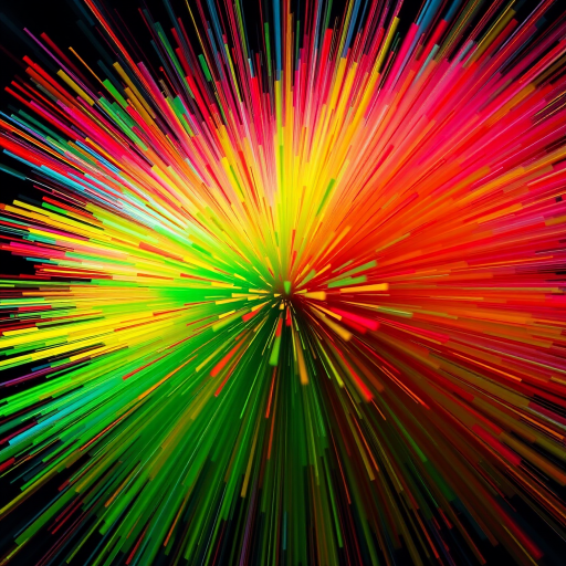 Create a vibrant abstract explosion of colors with intense reds, greens, yellows, and blues, using a Canon EOS-1D X Mark III with a 50mm f/1.2 lens, ISO 100, aperture f/11, shutter speed 1/250 sec, in a high dynamic range photography style, viewed from a slightly elevated angle to capture depth and perspective.