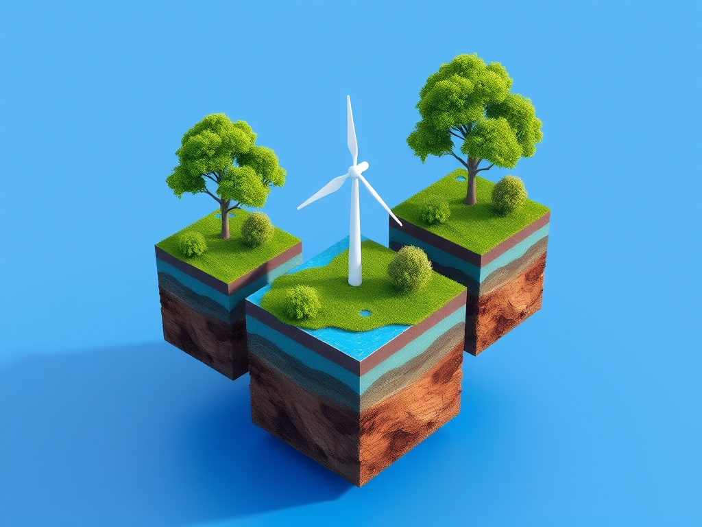 Create a 3D rendering of three floating cubic islands with lush green trees and a wind turbine on the central cube, with vibrant blue water layers and detailed soil textures, using a Canon EOS R5 camera, 50mm lens, f/8 aperture, ISO 100, and soft natural lighting for an ultra-realistic look.
