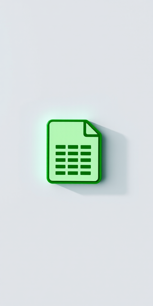 Create a high-resolution image of a vibrant green spreadsheet document icon on a clean background, using a Canon EOS R5 camera with a 50mm lens, aperture f/2.8, ISO 100, and natural lighting to enhance colors and details.