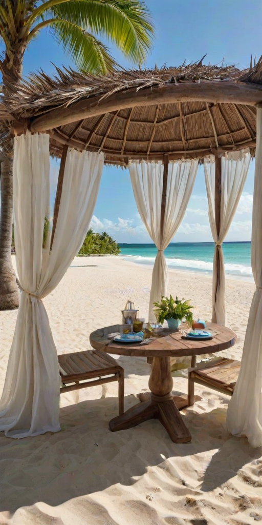 Create a picturesque tropical beach scene featuring a serene, white sandy shore. In the foreground, there's a rustic wooden canopy with white drapes gently flowing in the breeze. Underneath the canopy, a table is set with tropical decor, evoking a sense of relaxation and leisure. The beach extends into a calm, shallow water area with reflections of the sky and surroundings. Palm trees and lush greenery line the edge of the beach, providing a natural, tropical backdrop. The sky is clear with a few scattered clouds, and the overall atmosphere is tranquil and inviting, perfect for a peaceful retreat.
