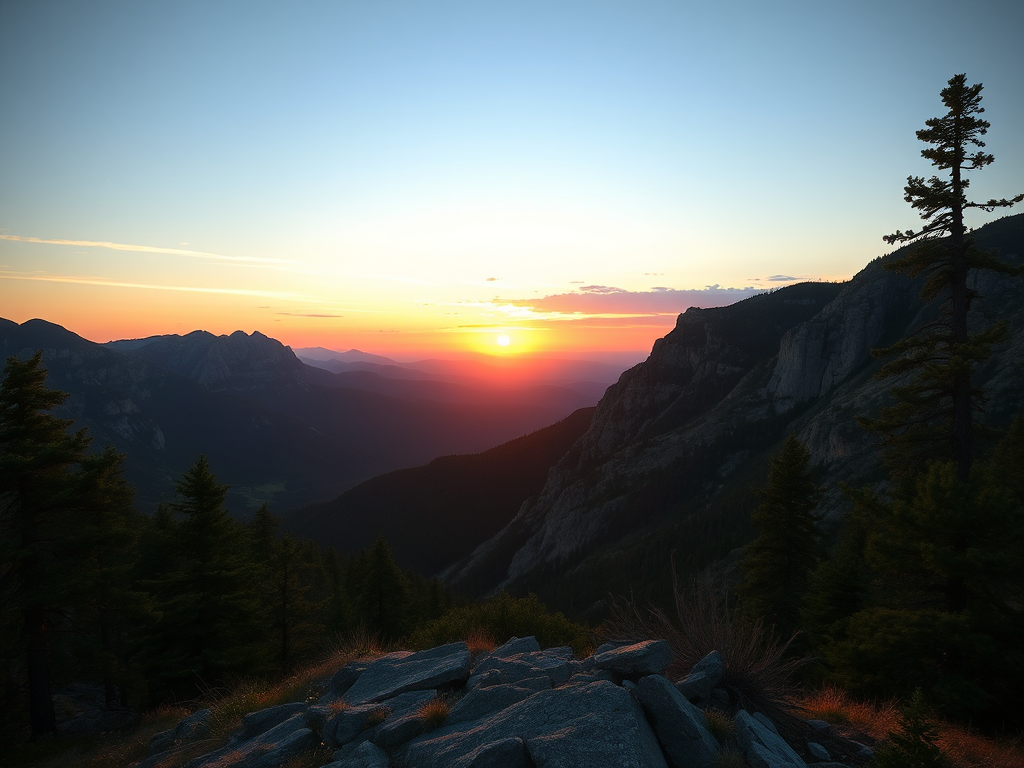 Create a high-resolution image of a scenic sunset over a mountain range with a wide-angle view, using a DSLR camera set to ISO 100, aperture f/11, and shutter speed 1/125s, capturing vibrant colors and sharp details in the landscape.
