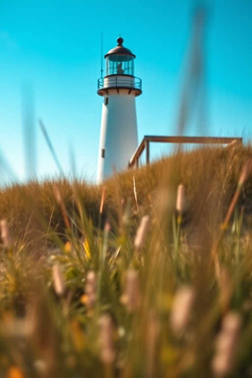 Lighthouse on a sunny day with grass in the foreground, shot with a DSLR camera, aperture f/8, shutter speed 1/250s, ISO 200, 35mm lens, landscape view with focus on the lighthouse, clear blue sky background.