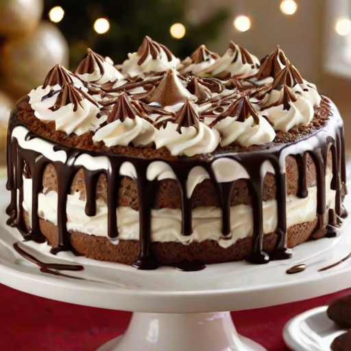 Create a delicious and visually appealing cake topped with swirls of whipped cream and chocolate cookies. The cake should be covered in a layer of crushed nuts and have a glossy chocolate drizzle running down the sides. Add decorative elements like additional cookies on top for a festive touch.