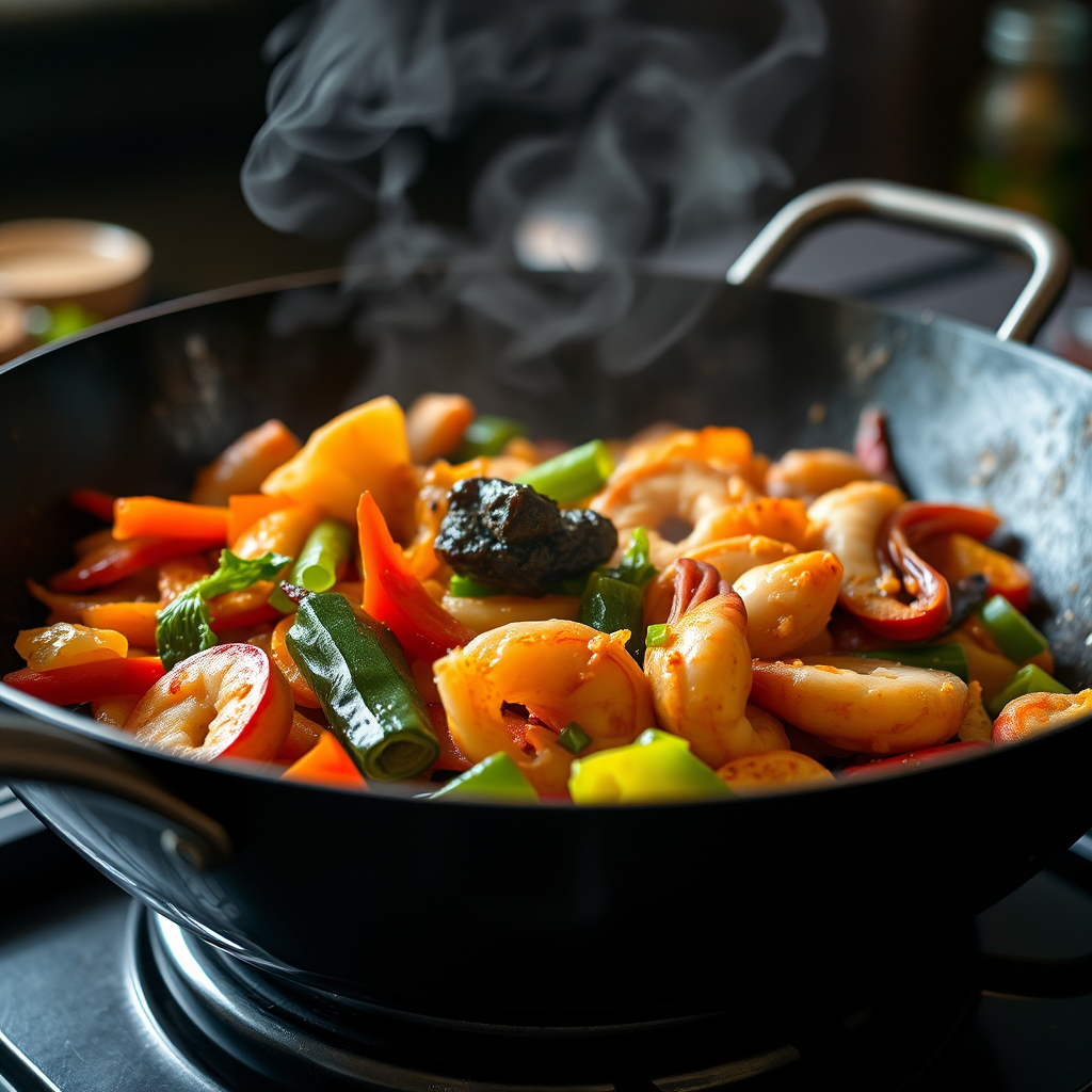 a close-up of a sizzling stir-fry in a wok with vibrant vegetables and seafood, steam rising, shallow depth of field, f/2.8, ISO 400, 1/125s, shot with a Canon EOS R5, 50mm lens, natural lighting.