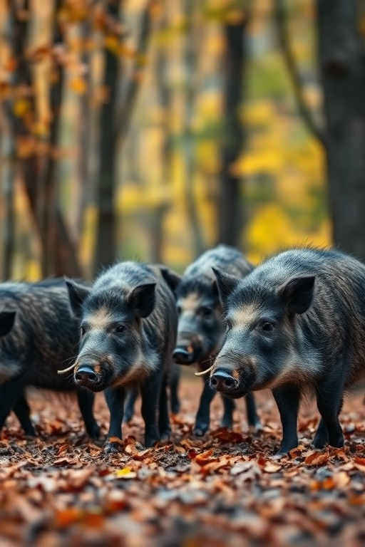 wild boars walking through a forest with autumn leaves, shallow depth of field, 50mm lens, f/2.8 aperture, ISO 200, natural light, DSLR camera, side view