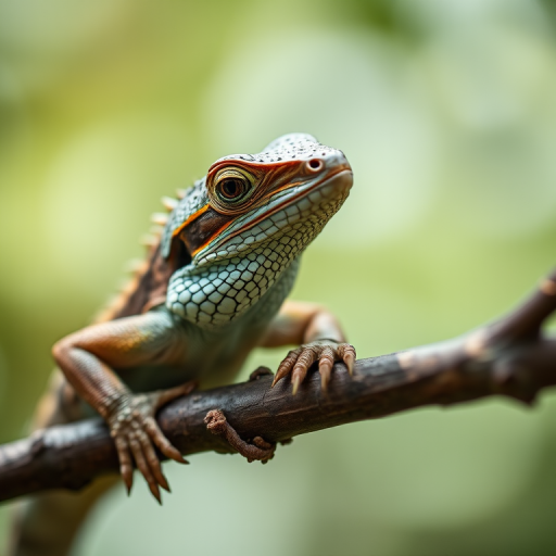 A detailed close-up of a lizard resting on a branch, captured using a Canon EOS 5D Mark IV, 85mm lens, aperture f/2.8, ISO 200, natural lighting, shallow depth of field for soft background blur, focusing on the texture and colors of the lizard's skin.