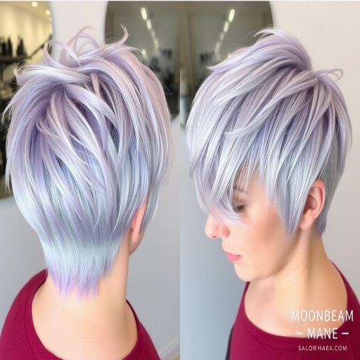 Icy silver pixie cut with lavender undertones, crafted by "Moonbeam Mane" salon, showcasing a textured, feathered top with closely tapered sides and nape, enhanced by a subtle metallic sheen that gives the illusion of starlight captured in hair.