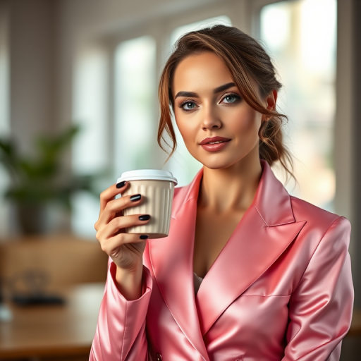 Capture a portrait of a woman in a pink satin suit holding a cup of coffee, soft studio lighting, f/2.8 aperture, 85mm lens, ISO 100, shot from eye level, using a full-frame DSLR camera, with a focus on a shallow depth of field to create a smooth bokeh background.