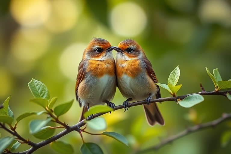 two adorable birds perched closely on a branch surrounded by green leaves, soft focus background, captured with a Nikon D850, 85mm lens, f/1.8 aperture, ISO 200, natural lighting, shallow depth of field