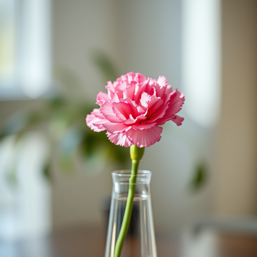 Create a hyper-realistic image of a single pink carnation in a modern glass vase with a soft focus background, using a 50mm lens, f/1.8 aperture, ISO 200, ambient lighting for soft shadows, shot from a 45-degree angle to enhance depth.