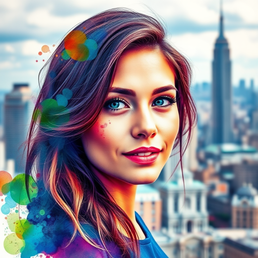 Create a vibrant watercolor portrait of a woman with a cityscape in the background, using a Canon EOS 5D Mark IV, 50mm lens, f/1.8, ISO 200, 1/200s, with a shallow depth of field and high dynamic range for enhanced colors and detail.