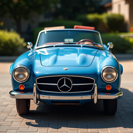 front view of a classic blue convertible car, well-lit, captured with a DSLR camera, 50mm lens, aperture f/8, ISO 100, natural sunlight, sharp focus on the car details, slight bokeh in the background