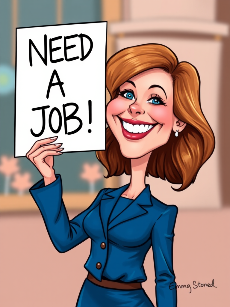 caricature of a smiling Emma Stone in a Cobalt dress or suit, holding up a sign that says "NEED A JOB", no watermark,