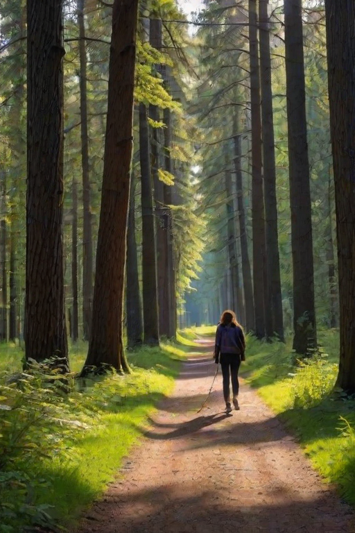 Shady forest trail, towering trees casting long shadows on the path, with a woman walking her dog, the two of them quietly enjoying nature.