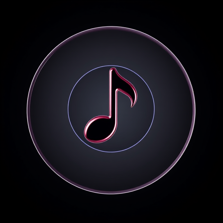 Create a high-resolution digital image of a glossy musical note icon within a circular frame, using a Canon EOS 5D Mark IV camera, f/2.8 aperture, 1/125 second shutter speed, ISO 100, in a studio setting with softbox lighting to enhance reflections and depth.