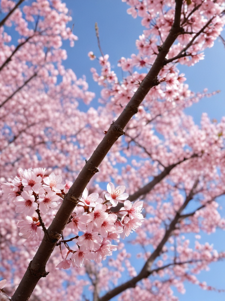 Delicate Pink Cherry Blossom Branches Against a Clear Blue Sky Background