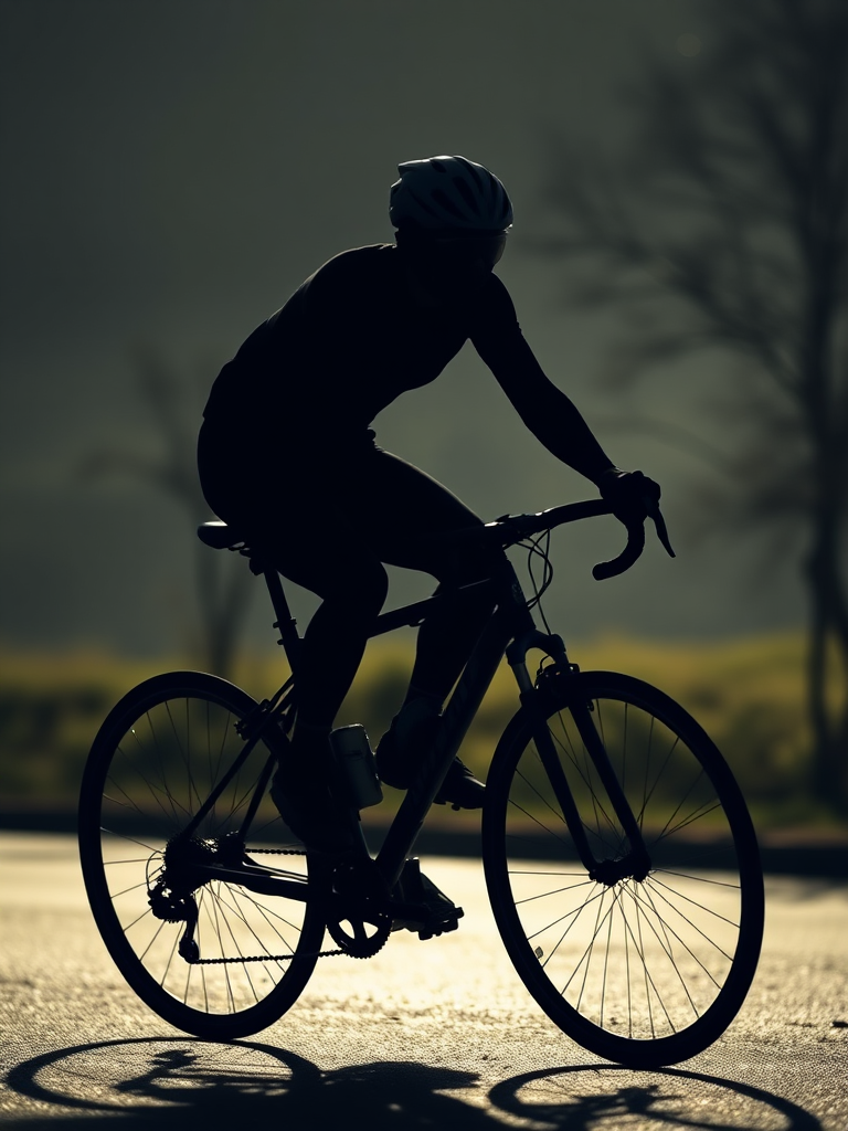 Create a high-resolution image of a silhouette of a cyclist in motion, using a DSLR camera with a 50mm lens, aperture set to f/2.8, shutter speed 1/500s, ISO 100, captured from a low angle to emphasize the dynamic pose and background blurred for depth.