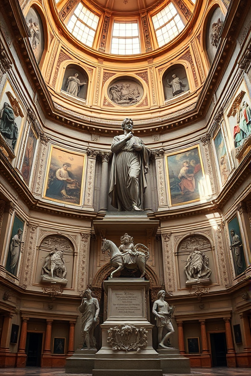 Generate an image of the interior of a grand historical building featuring a large statue with surrounding ornate sculptures and murals, using a DSLR camera, 24mm lens, f/8 aperture, ISO 100, shot from a low angle to emphasize the height and details of the architecture and sculptures.