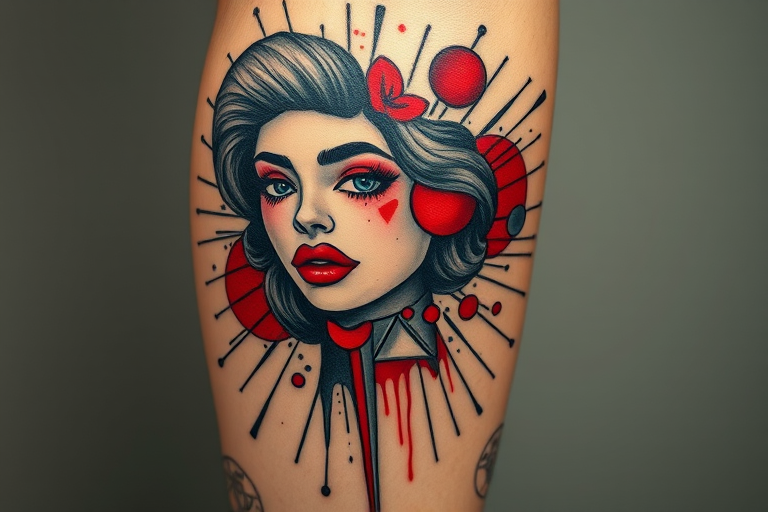 Avant-garde trash polka tattoo on the leg combining realistic elements with abstract shapes and bold red accents creating a chaotic yet harmonious composition