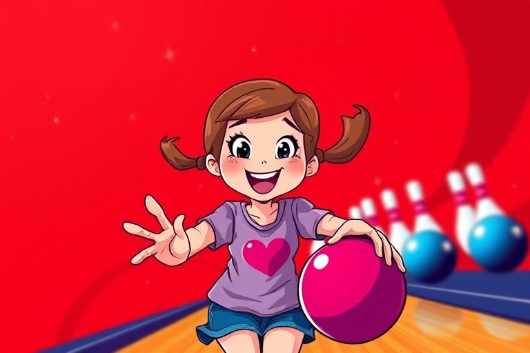 Generate a vibrant cartoon image of a cheerful girl bowling, with a dynamic red swirl background featuring sparkles, shot with a DSLR camera at 50mm focal length, f/2.8 aperture, shallow depth of field, and 1/200s shutter speed.