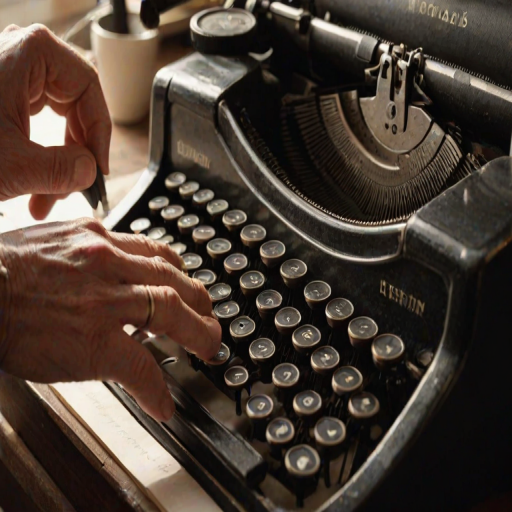 High-contrast, close-up image of an old-fashioned typewriter, fingers pressing down on keys, black ink ribbon taut and ready to print, sunlight glinting off the metal parts, an unfinished letter sitting in the typewriter, coffee cup rings visible on a stack of papers nearby.