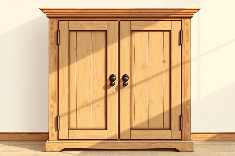 create a detailed illustration of a wooden cupboard with two doors, front view, use soft natural lighting, capture with a 50mm lens at f/2.8, set ISO to 100, use a DSLR camera for high resolution and clarity