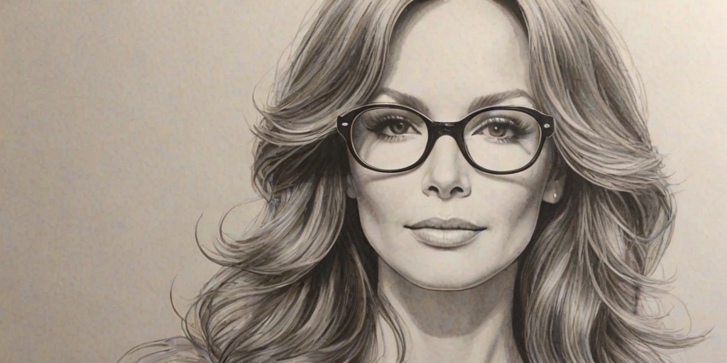 Magnificent Jaclyn Smith, pencil sketch, portrait of Beauteous woman 1973s in glasses, hair style beatnik, outline, clear lines, fine lines, 8k