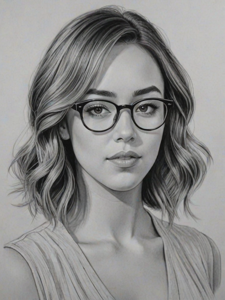Magnificent Chloe Bennet, pencil sketch, portrait of Elegant woman 1933s in glasses, hair style beatnik, outline, clear lines, fine lines, 8k