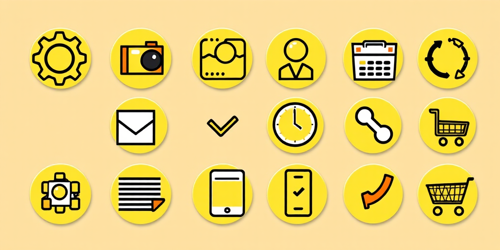 Create a high-resolution vector image of twelve round icons in a modern design with a yellow and black color scheme, featuring a gear, camera, user profile, calendar, trash bin, checkmark, clock, spreadsheet, phone, cross symbol, shopping cart, and information symbol, using a Canon EOS R5 camera with f/8 aperture, ISO 100, and 24mm lens at a straight-on view.