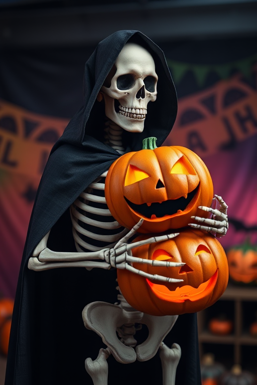 Create a high-resolution image of a detailed skeleton wearing a dark cloak, holding a carved pumpkin with a spooky face, shot with a DSLR camera using a 50mm lens, f/1.8 aperture, ISO 100, in a studio environment with dramatic lighting and a colorful Halloween-themed background.