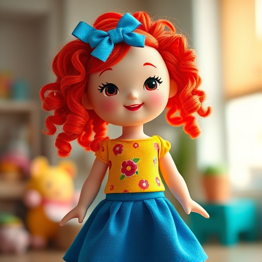 Create a vibrant, cartoon-style image of a cheerful doll with red curly hair wearing a blue bow, a yellow blouse with a floral pattern, and a blue skirt, captured with a DSLR camera at f/2.8 aperture, ISO 100, in a bright, well-lit environment with a shallow depth of field and a 50mm lens.
