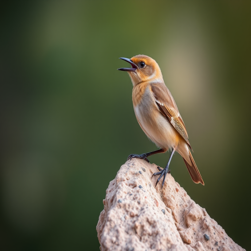 A songbird perched on a natural rock, singing, captured with a Canon EOS 5D Mark IV, ISO 200, f/4, 1/500s, 300mm lens, shallow depth of field, soft background blur, natural lighting.