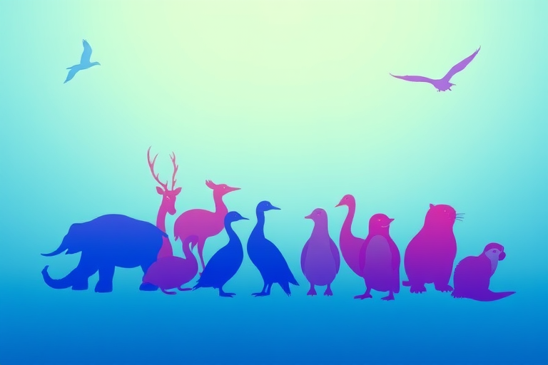 Create a vibrant digital illustration featuring stylized animal silhouettes including a bird, turtle, elephant, deer, swan, goose, penguin, hummingbird, and otter on a smooth gradient blue background, using a high-resolution digital camera with f/8 aperture, ISO 100, and 24mm lens to ensure sharp detail and vivid colors.