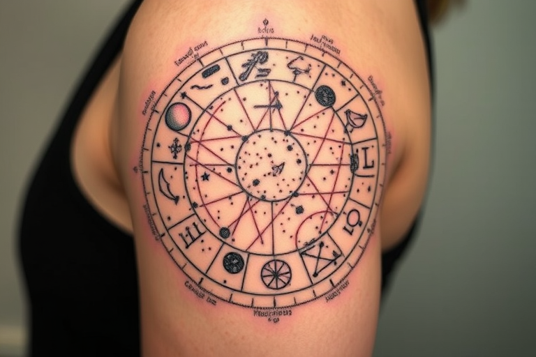Dotwork tattoo named "Celestial Cartography" depicting a detailed star map with constellations and astronomical symbols created entirely with tiny precise dots in varying densities
