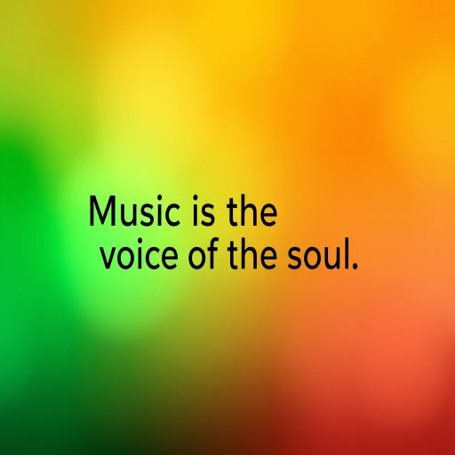 Create a vibrant abstract image featuring the text "Music is the voice of the soul" with a green and orange gradient background, using a Canon EOS R camera with a 50mm f/1.8 lens, aperture set to f/2.8, ISO 100, 1/125s shutter speed, capturing a soft focus and smooth bokeh effect.