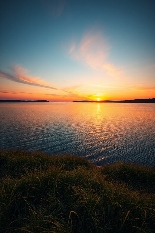 Generate a high-resolution image of a picturesque landscape featuring a sunset over a serene lake, with vibrant colors reflecting on the water, using a Canon EOS R5 camera, 24mm lens, aperture f/8, ISO 200, shutter speed 1/250s, shot from a low angle.